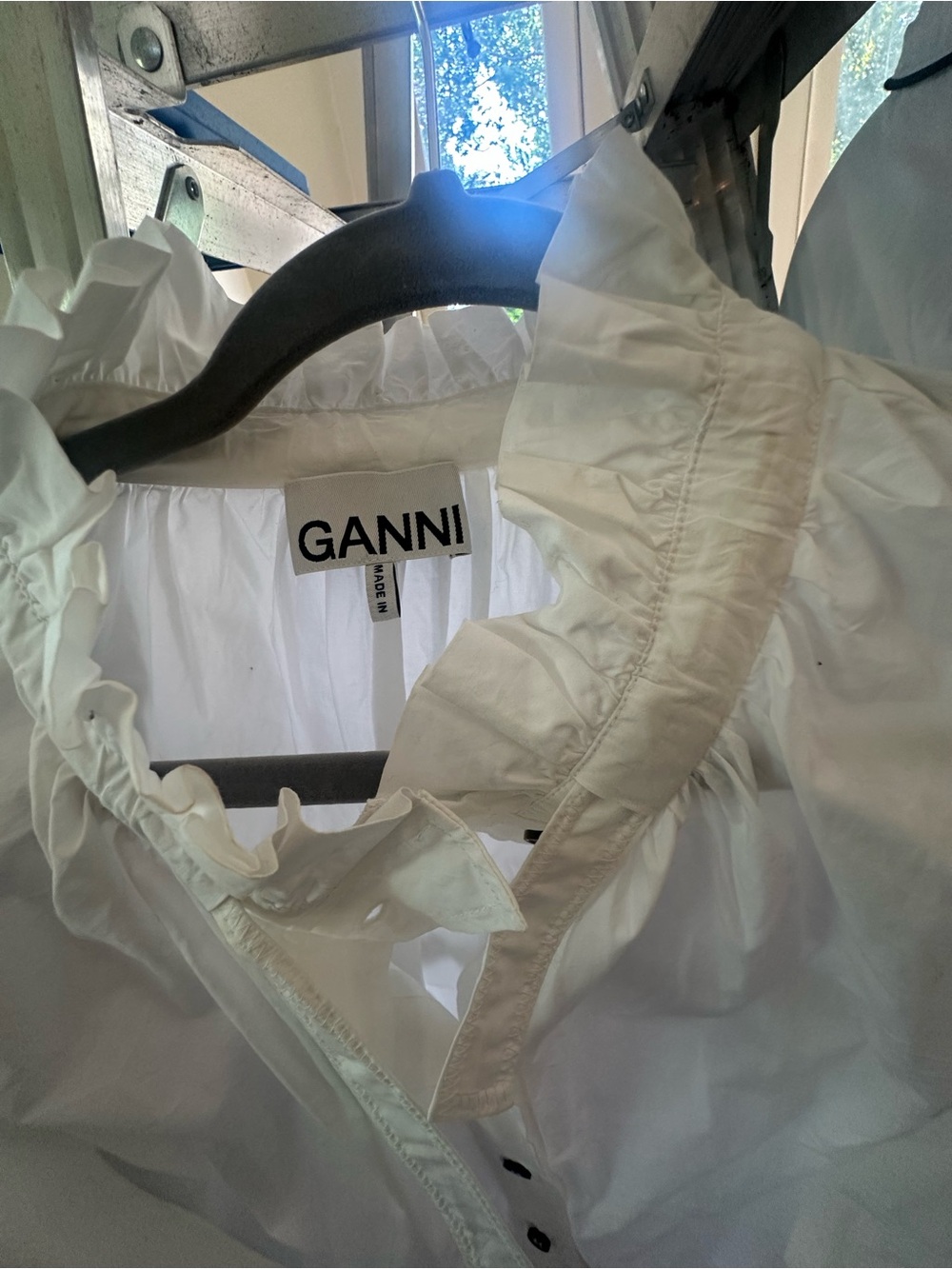 Ganni White Ruffled-Collar Button Front Blouse